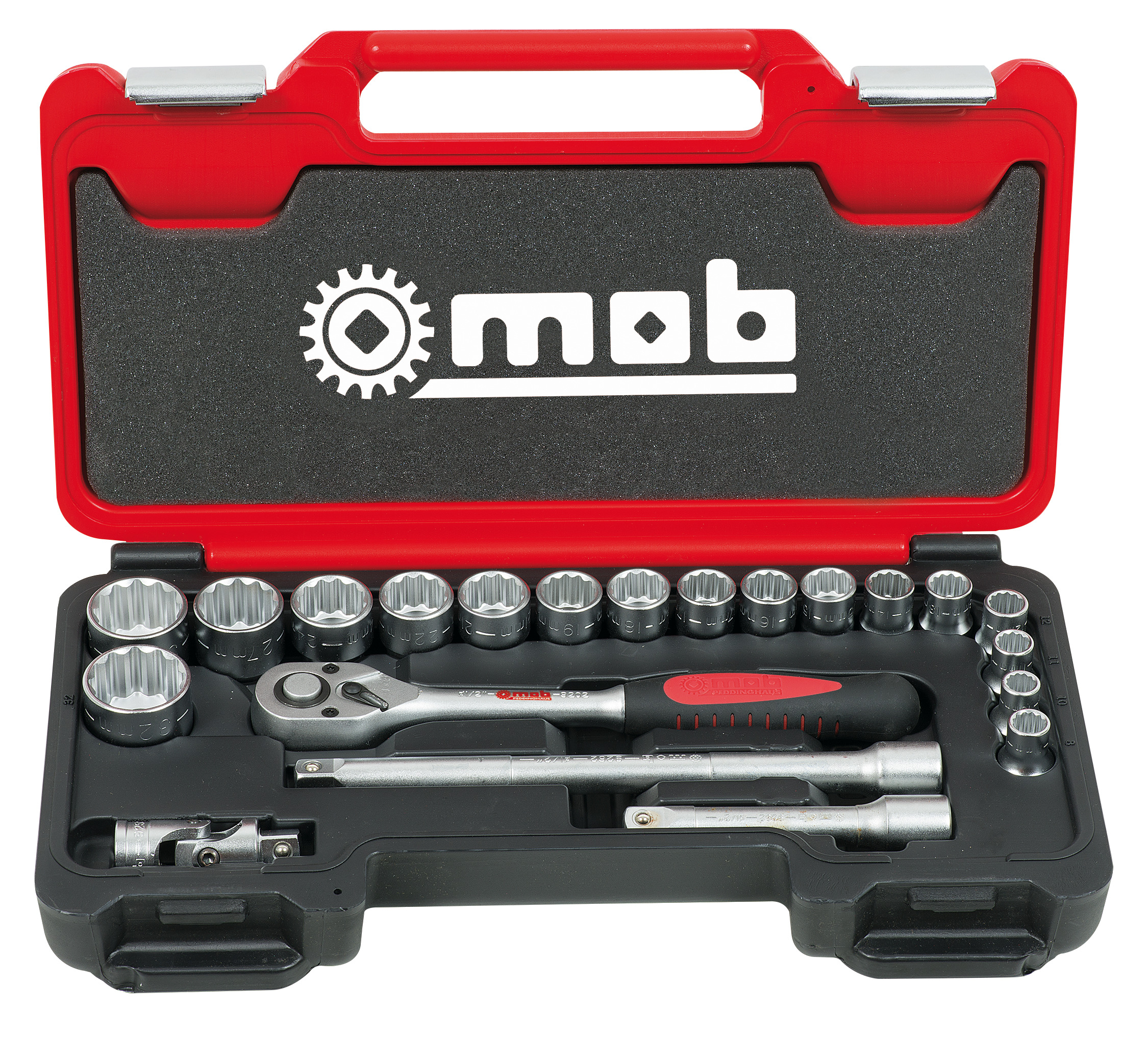 1/2'' BOX SET, 12-POINT, PEAR HEAD RATCHET, 21-PIECE 